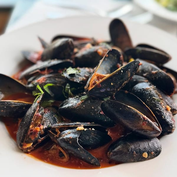 Steamed mussels in a rich red tomato sauce, garnished with fresh herbs, served in a white bowl.